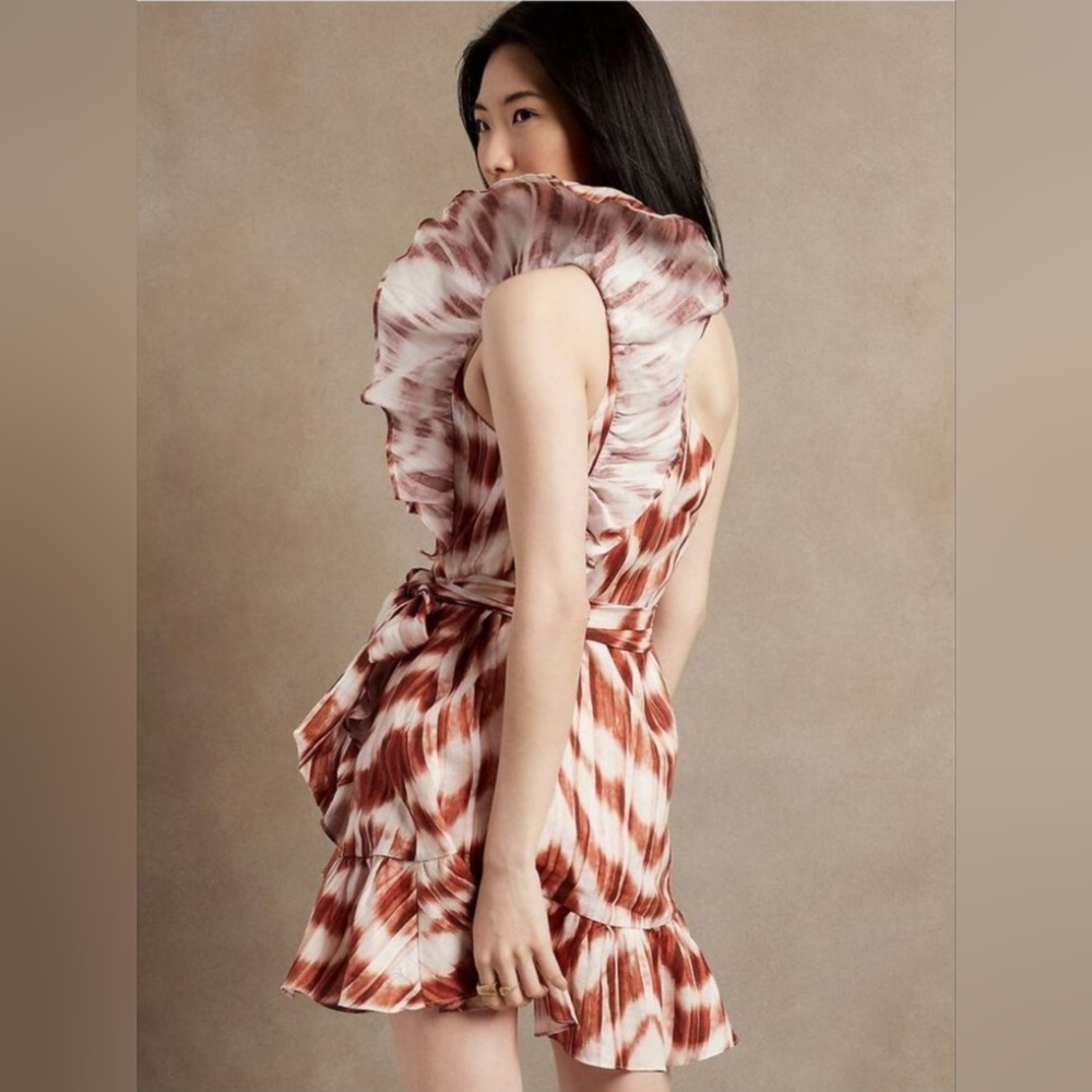 Banana Republic NWOT One-Shoulder Linen Ruffle Brown Patterned Mini Dress - Picture 2 of 11